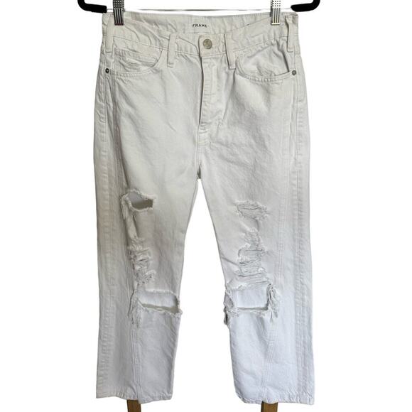 Frame Denim Le Jane Crop Jeans Distressed Straight Leg High Rise White Size 27 - Picture 4 of 13